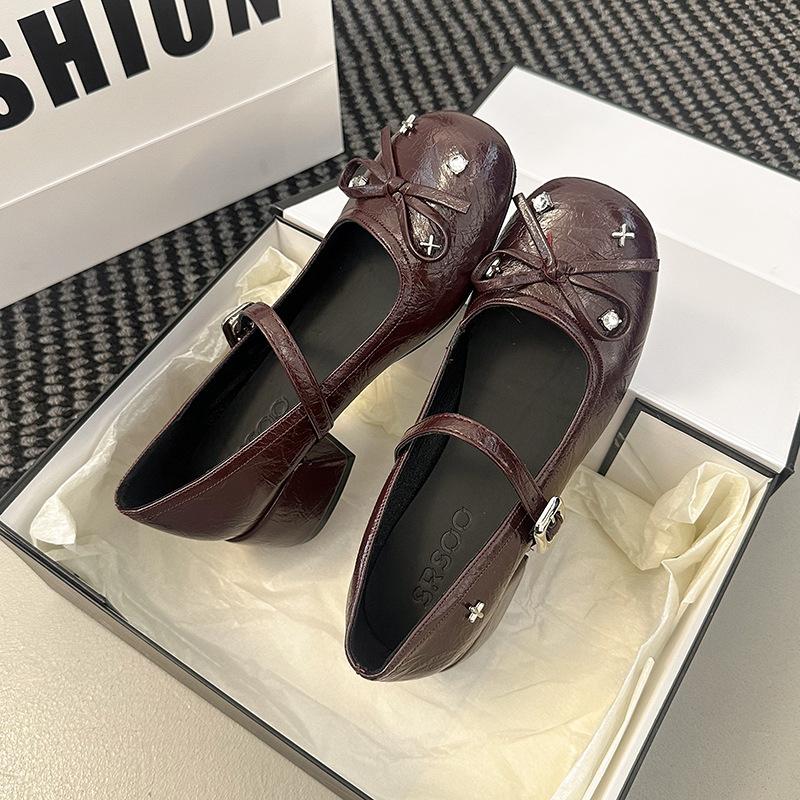 New silver little Mary Jane single shoes with skirt light mouth round head bow ballet French thick heel women's shoes