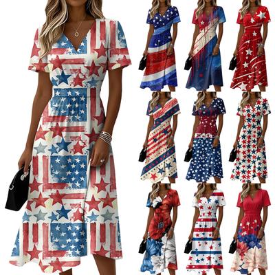 Vestido Casual Feminino Fashion com Decote V de Manga Curta Estampa do Dia da Independência