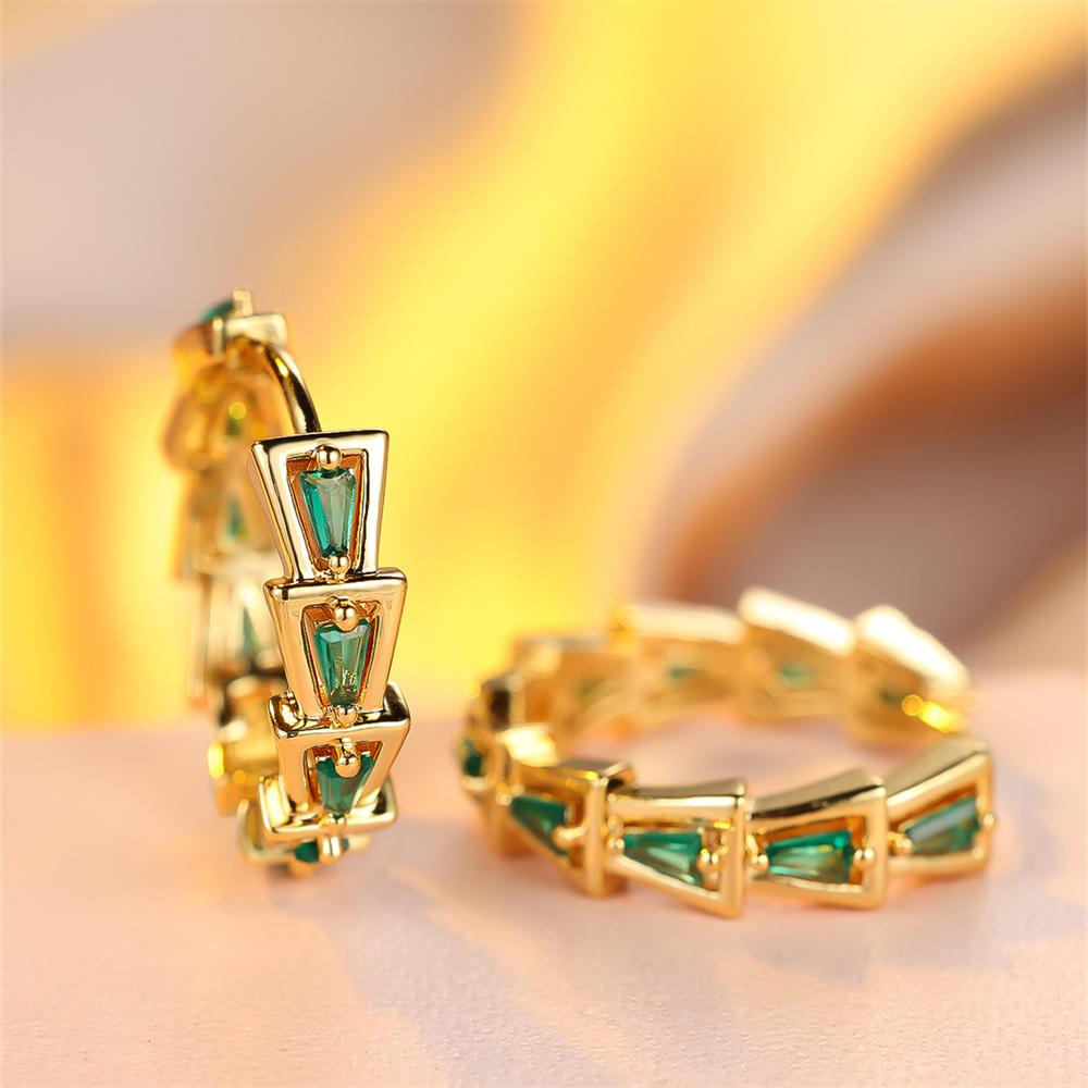 Geometric Stone Green Crystal Round Hoop Earrings For Women Vintage Gold Color Ear Buckle Wedding Jewelry Bridal Engagement Gift