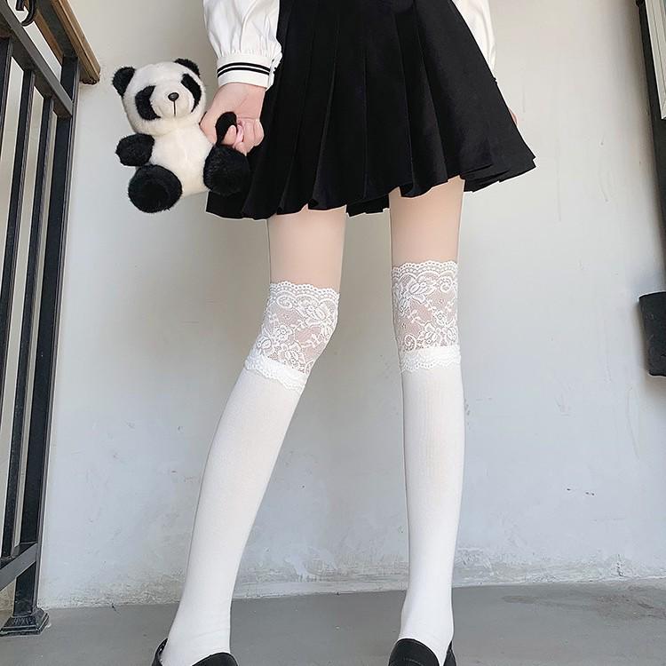 Lace Trim Lolita Mid-Calf Socks for Women – Sweet Thigh-High Style with Scrunched Look