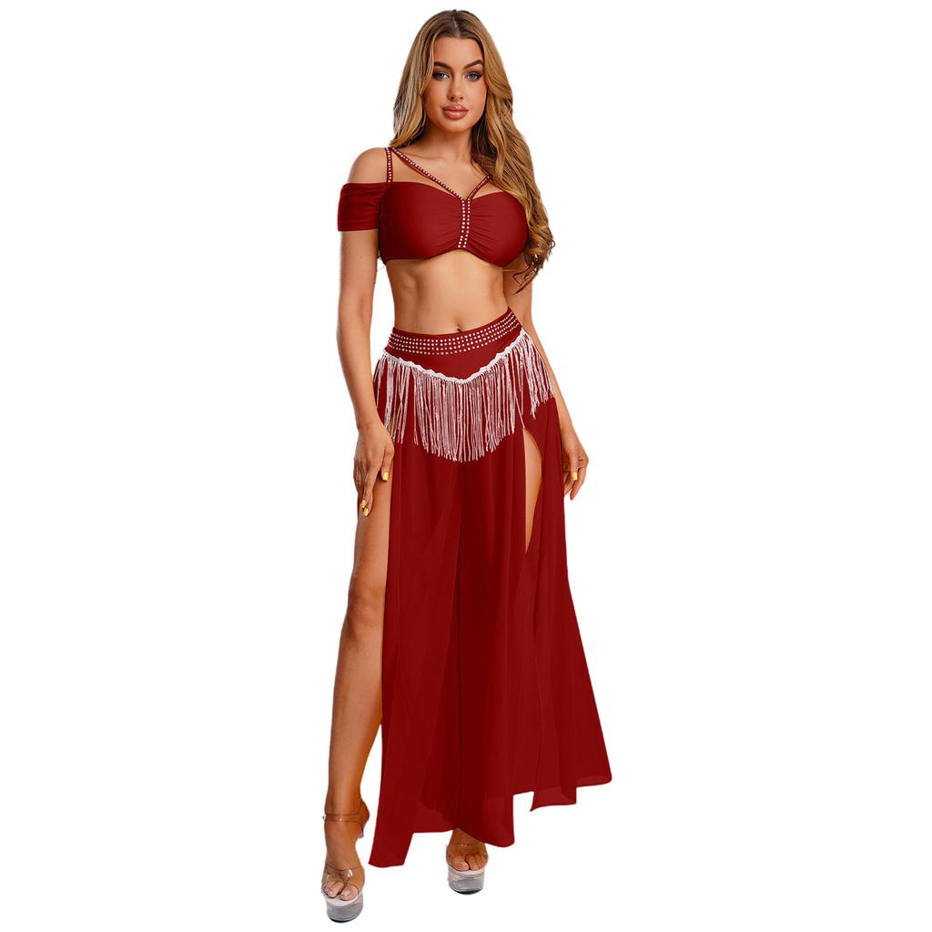 Womens Chiffon Wide Leg Pants Sequins Tassel Slit Belly Dance Culottes Cold Shoulder Crop Top Rhinestone Waist Set