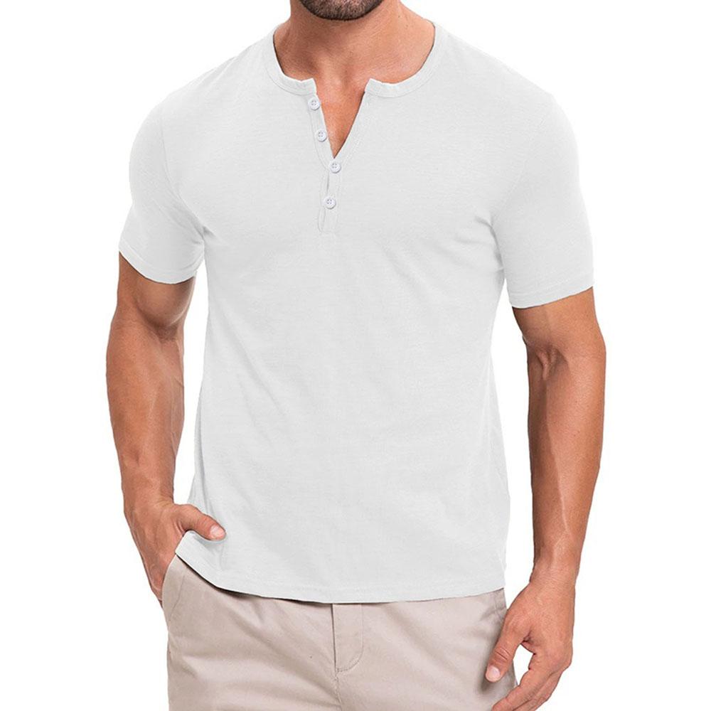 Summer New Men's Cotton T-shirt Button Design Short-sleeved Solid Color Henley Neck Tops Slim Fit Comfortable Casual Tees