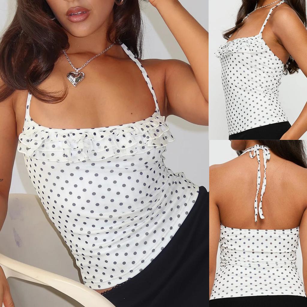 European and American women's clothing summer new fashionable and sexy backless fungus edge strap polka dot top