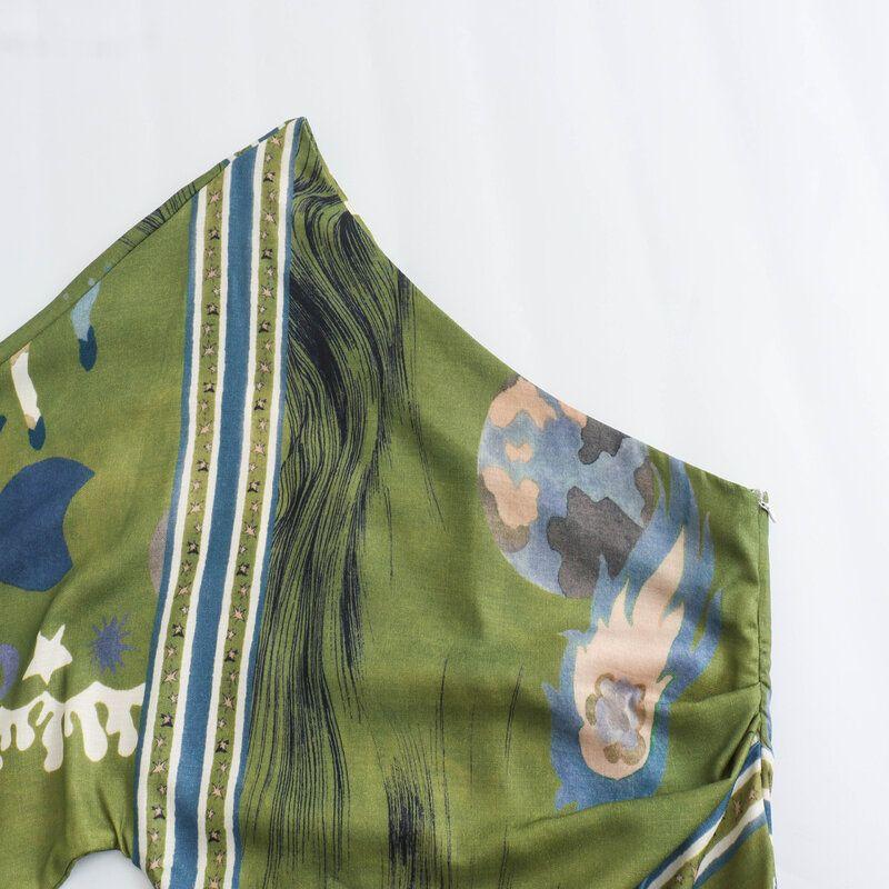 Fashion Wind 2024 Spring and Summer Women's Clothing Vintage Crumpled Decoration Silm Print Asymmetric Dress 2871138