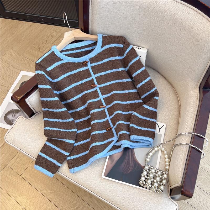 Real shot retro striped loose knitted cardigan women's autumn and winter lazy style high-end sense horn button sweater jacket