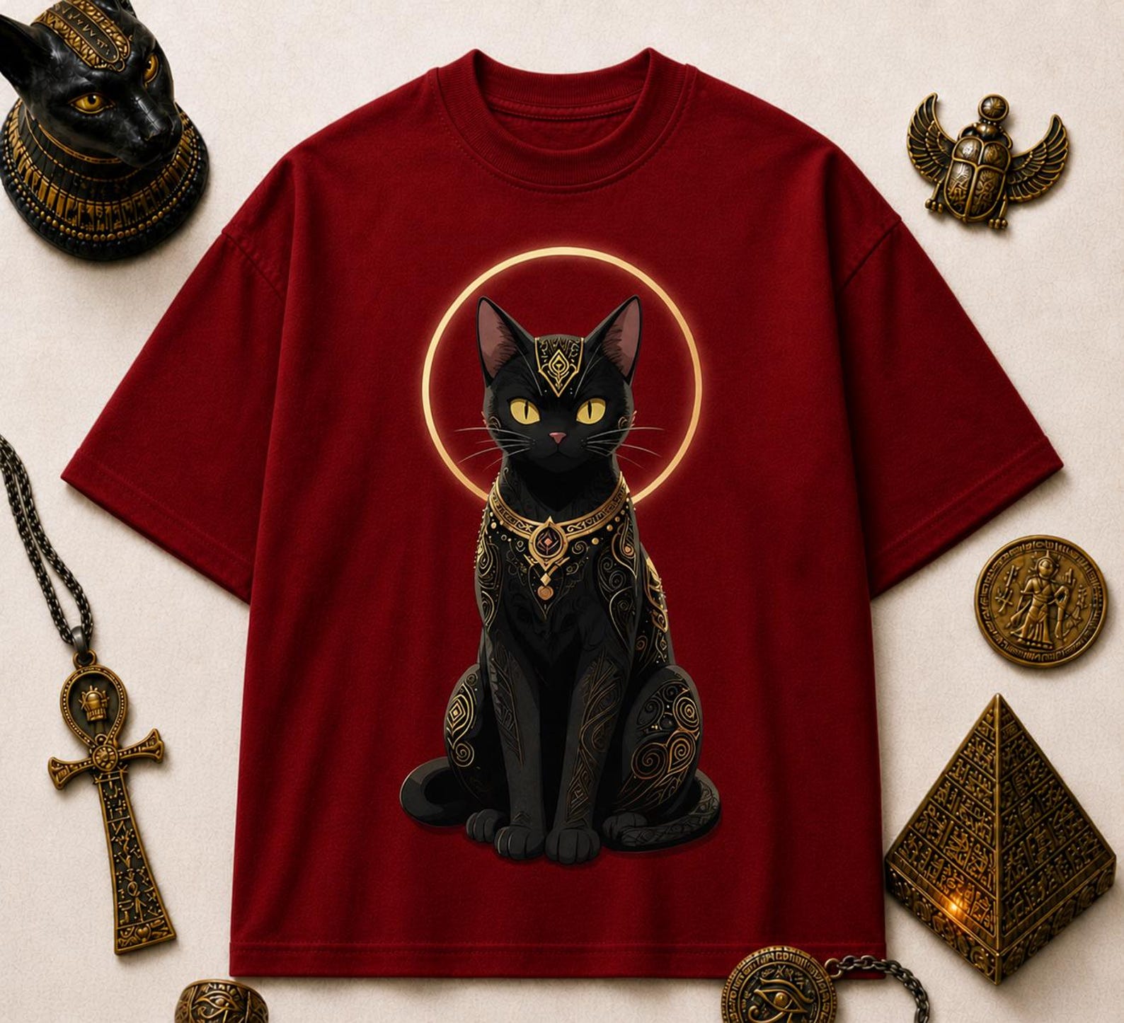 Black Cat Bastet T-Shirt – Egyptian Goddess Graphic Tee, Mystic Gold Design S