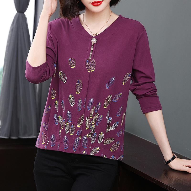

Женская 4XL Весенняя новая одежда для мам Футболка с длинными рукавами Простая V-образная горловина Печатный дизайн Свободная утягивающая женская одежда 4XL темно-фиолетового