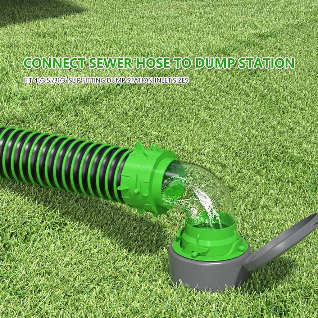 Clear 90 Degree RV Sewer Hose Elbow with Adapter - Removable 6-in-1 Fittings - Fits 4 Sizes of Dump Station Inlets (90° -Elbow Adapter)