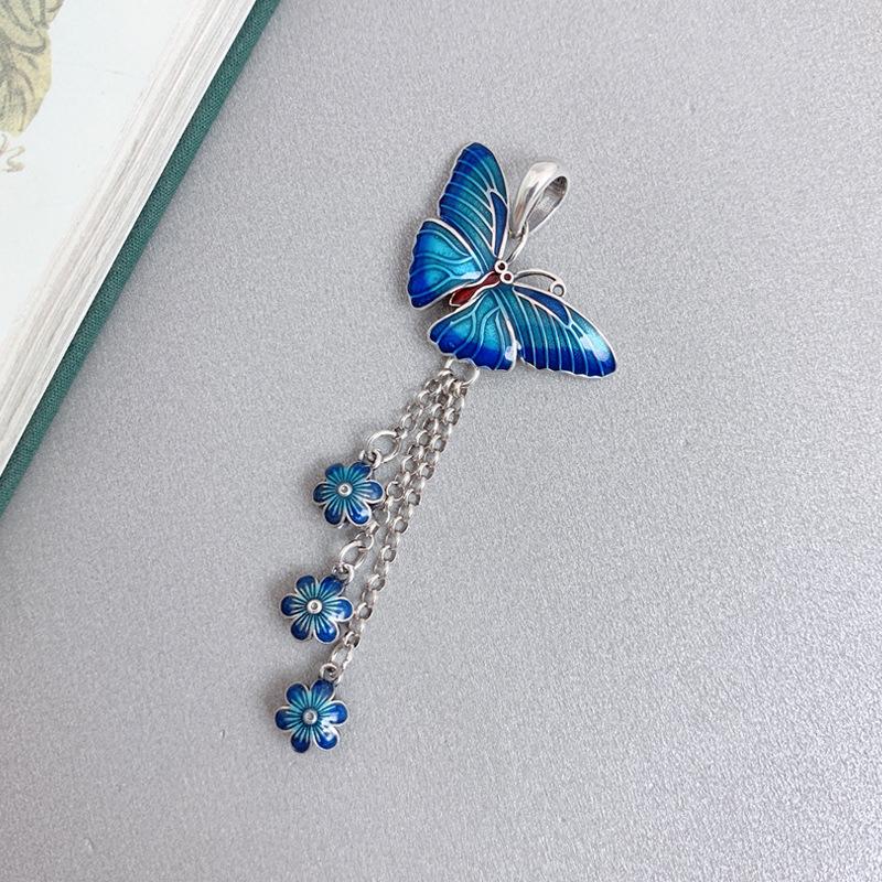925 Sterling Silver Enamel Craft Butterfly Flower Fringed Pendant Retro Ethnic Style Collarbone Chain Blue Butterfly Pendant