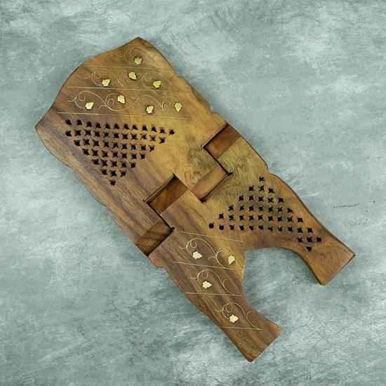 Handmade Foldable Book Holder – 30.48 Cm Wooden Rehal with Intricate Carvings & Leaf Print for Holy Books