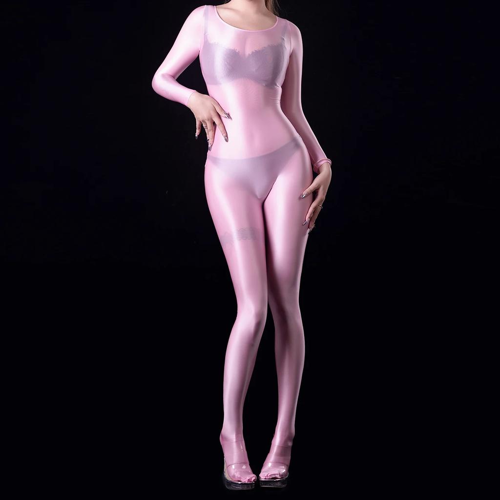 Sexy Women Oil Glossy Shiny Elastic Bodysuit Yoga Shapping Tights Bodycon Silky Satin Smooth Jumpsuits Maid Leotard Candy Color