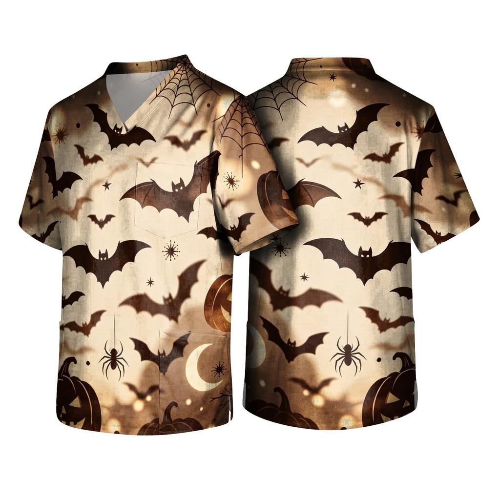 Men's Halloween Print Medical Scrub Top V Neck Pocket Comfortable Fit Daily Workwear for Healthcare Professionals