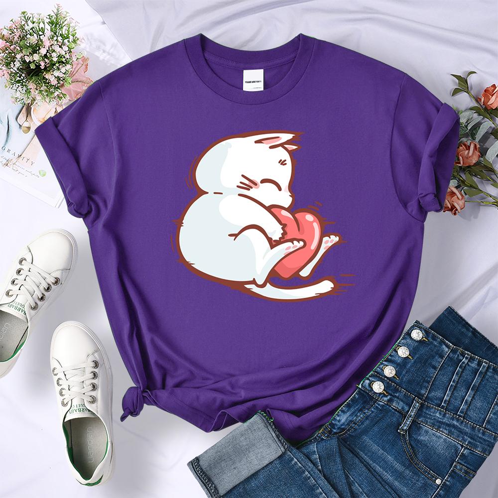 Embrace The Red Heart White Cat Summer 3D Printing Women T-Shirt Hip Hop Soft T Shirts All-Match Y2K Clothing O-Neck Casual Streetwear