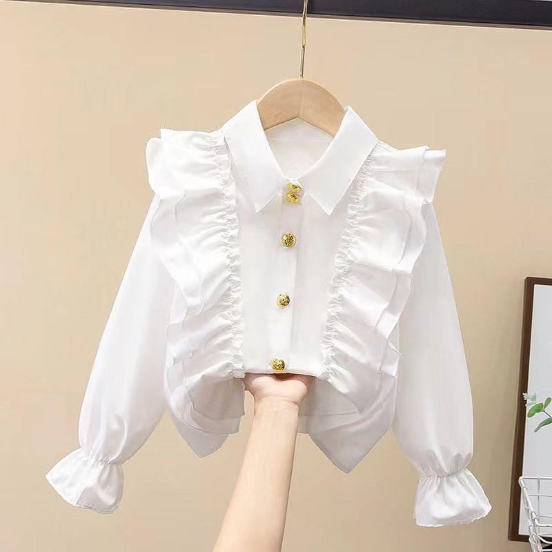 Autumn White Girls' Peter Pan Collar Long Sleeve Shirt - Fashionable Top for Big Kids and Students