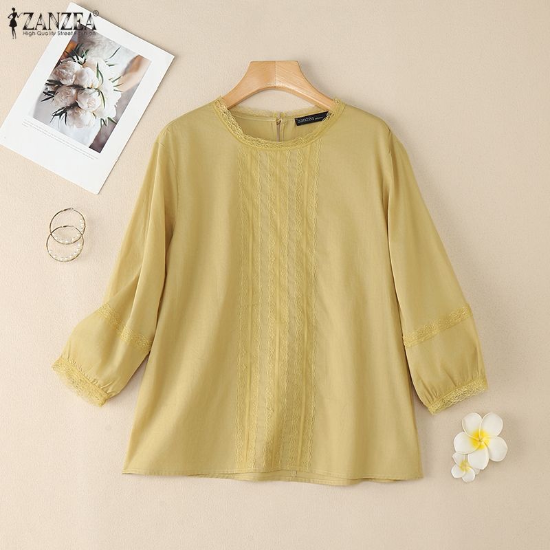 ZANZEA Dámská ležérní bavlněná halenka s kulatým výstřihem a 3/4 rukávy