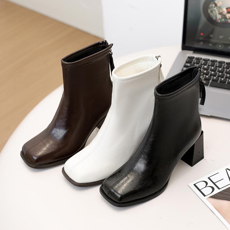 Autumn and winter French thick heel high heel fashion Martin boots women's head back zipper temperament women's boots