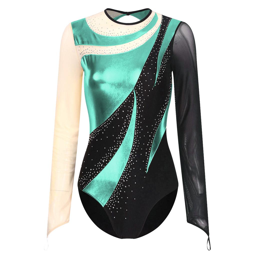 Womens Gymnastics Performance Metallic Patchwork Sheer Mesh Long Sleeve Leotard Cutout Back Shiny Rhinestone Bodysuit Dancewear