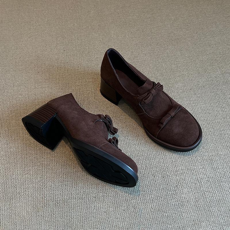 

Cowhide version~ New French leather small leather shoes women s thick heel one pedal bow versatile Mary Jane single shoes 40