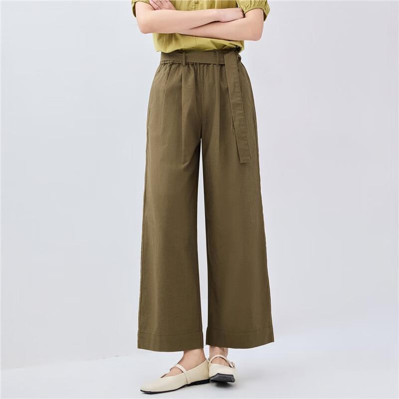 Giordano Women's Cotton Linen Tie-Waist Cropped Wide-Leg Pants