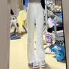 American retro micro-pull jeans women's high waist thin elastic babes small white pants flared floor pants