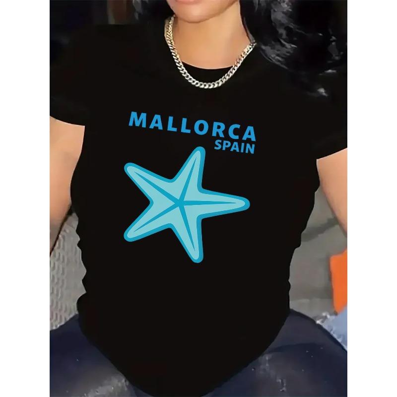 

Women s Mallorca Spain Star Print T-Shirt, Black Blue Design, Lightweight Casual Tee For Beach Vacation S чёрный