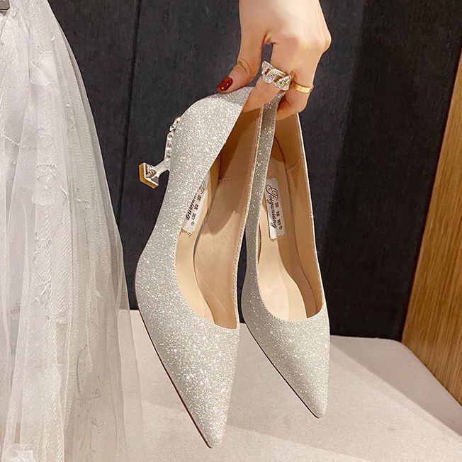 Champagne wedding shoes 2025 spring and autumn new bride main wedding shoes bridesmaid dress high heels actress crystal stiletto