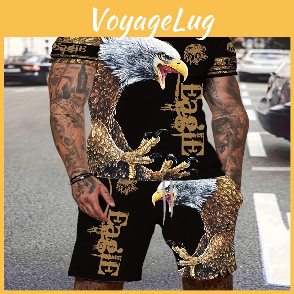 Men Tshirt Set Print 3d Animal Eagle Tiger Lion Men Woman Round Neck Tshirt Shorts Two Piece Set Oversize Casual Man Clothing