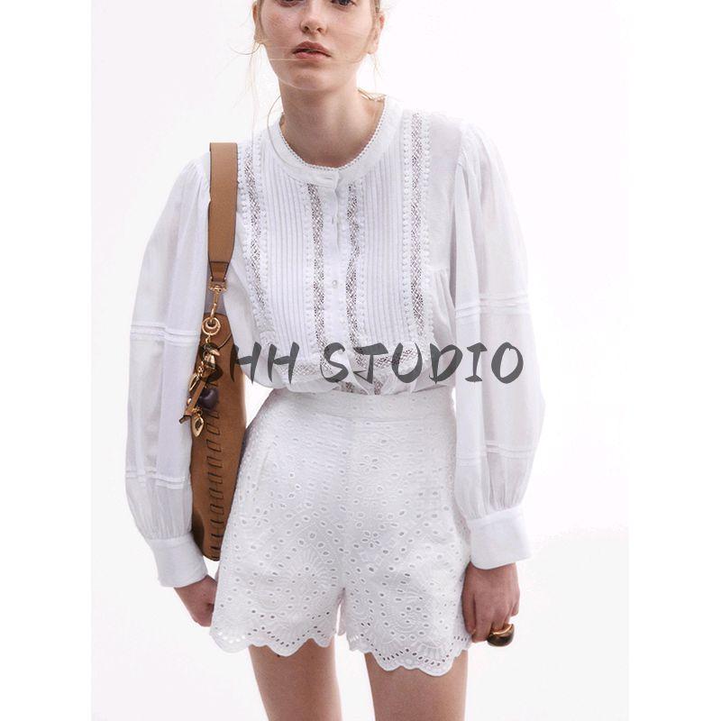 Spring and Summer New Women's Clothing Lace Inlaid Chinese Stand Collar Bubble Long Sleeve Fine Pleated Decorative Shirt 1281837