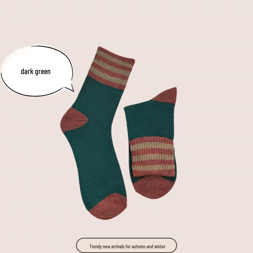 Damen Verdickte Gestreifte Mid-Calf Socken: Fleecegefütterter Frottee für Wärme, Herbst- & Winter-Retro-Woll-Design