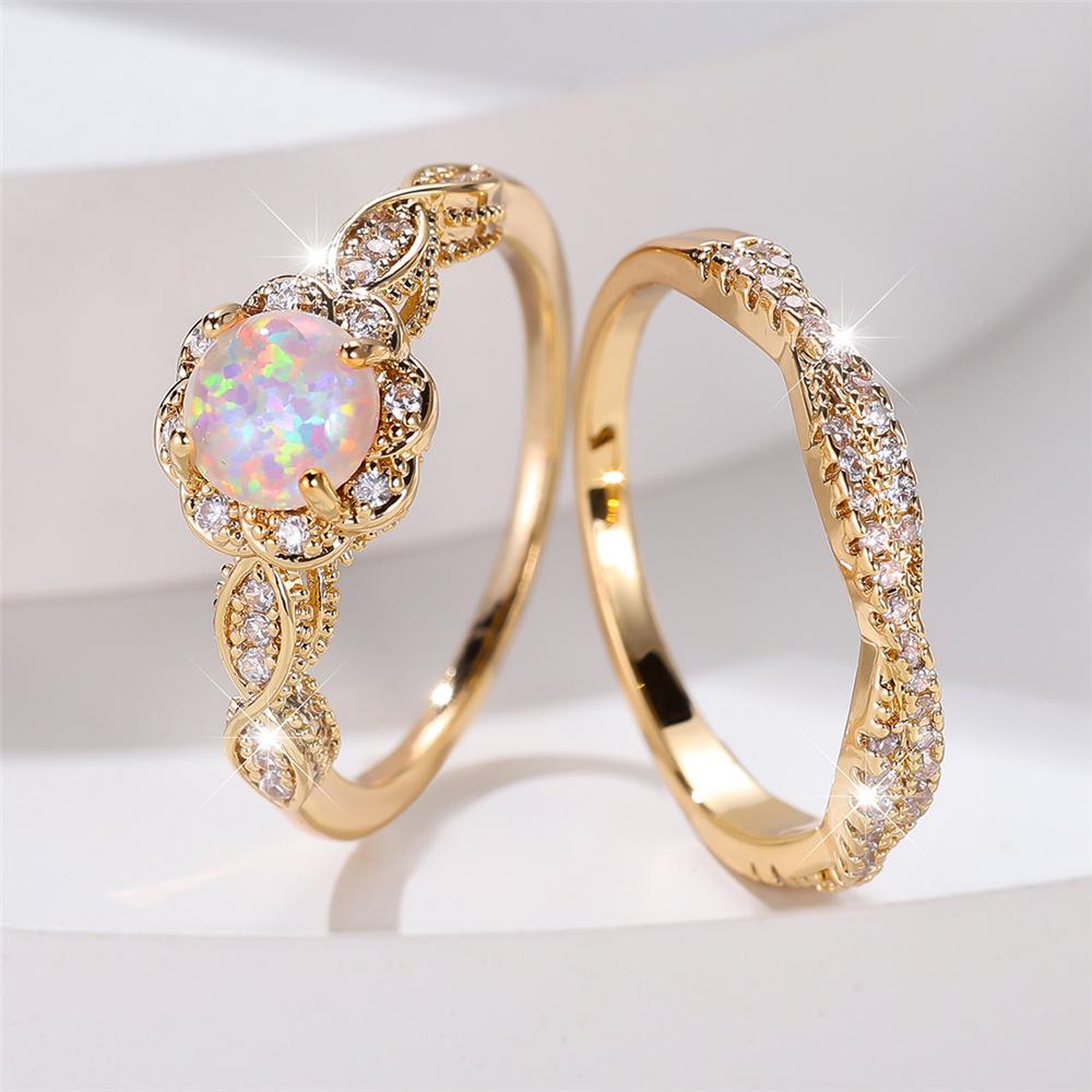 Crystal Female White Opal Round Stone Ring Set Fashion Vintage Gold Color Bridal Wedding Engagement Jewelry For Women 8