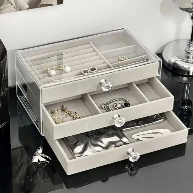 NEW 1pc Three-layer Velvet Jewelry Box Transparent Drawer Type Earring Bracelet Organizer Display Box Jewelry Diy Storage Box