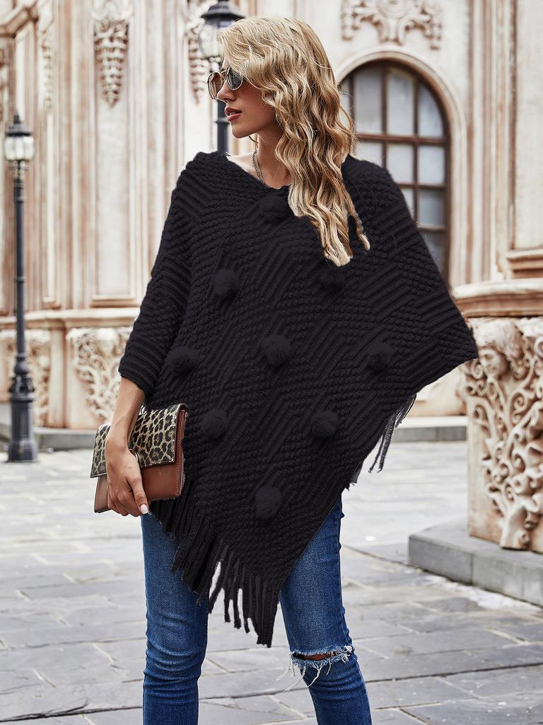 Causal Fashion Women Knitted Batwing Cape Tassels Poncho Cloak Ladies Fur Ball Sweater Outwear 5 Colors