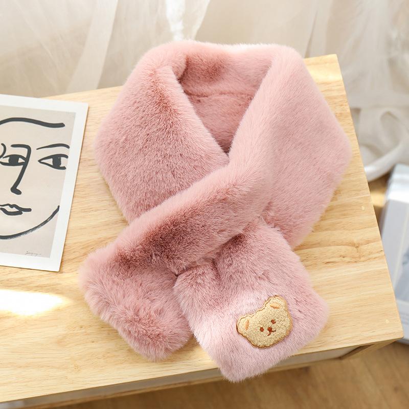Cute Bear Baby Scarf Boys Girls Winter Warm Scarves Imitation Rabbit Fur Neck Protector Soft Plush Cross Scarf Kids Accessories POLYESTER