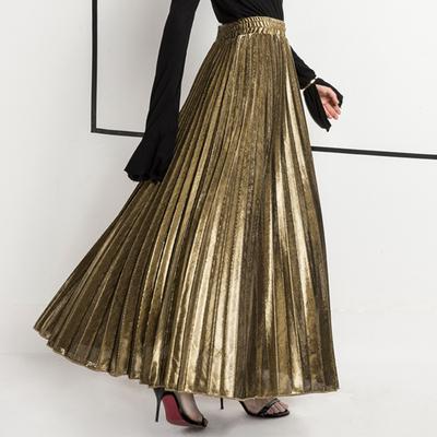 Women Maxi Skirt Elastic High Waist Pleated Golden Long Skirt Slimming Design Spring Summer Skirt Work Leisure Travel Wear