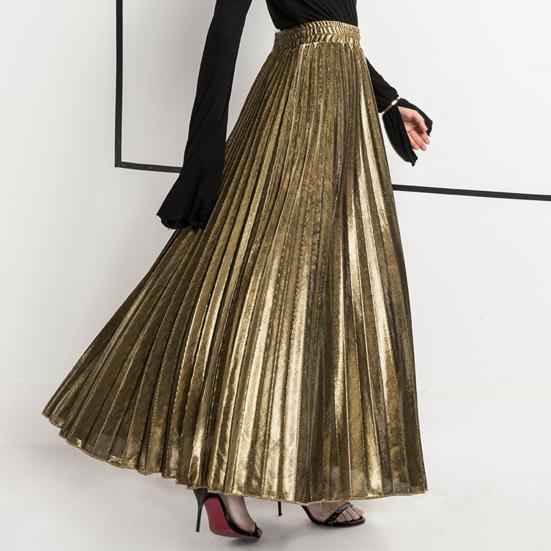Women Maxi Skirt Elastic High Waist Pleated Golden Long Skirt Slimming Design
