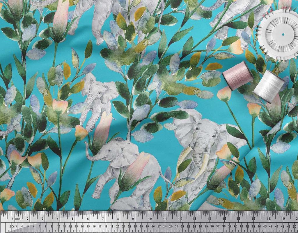 Soimoi Japan Crepe Satin Fabric Leaves,Floral & Elephant Animal Printed Craft Fabric by the metre 42 Inch