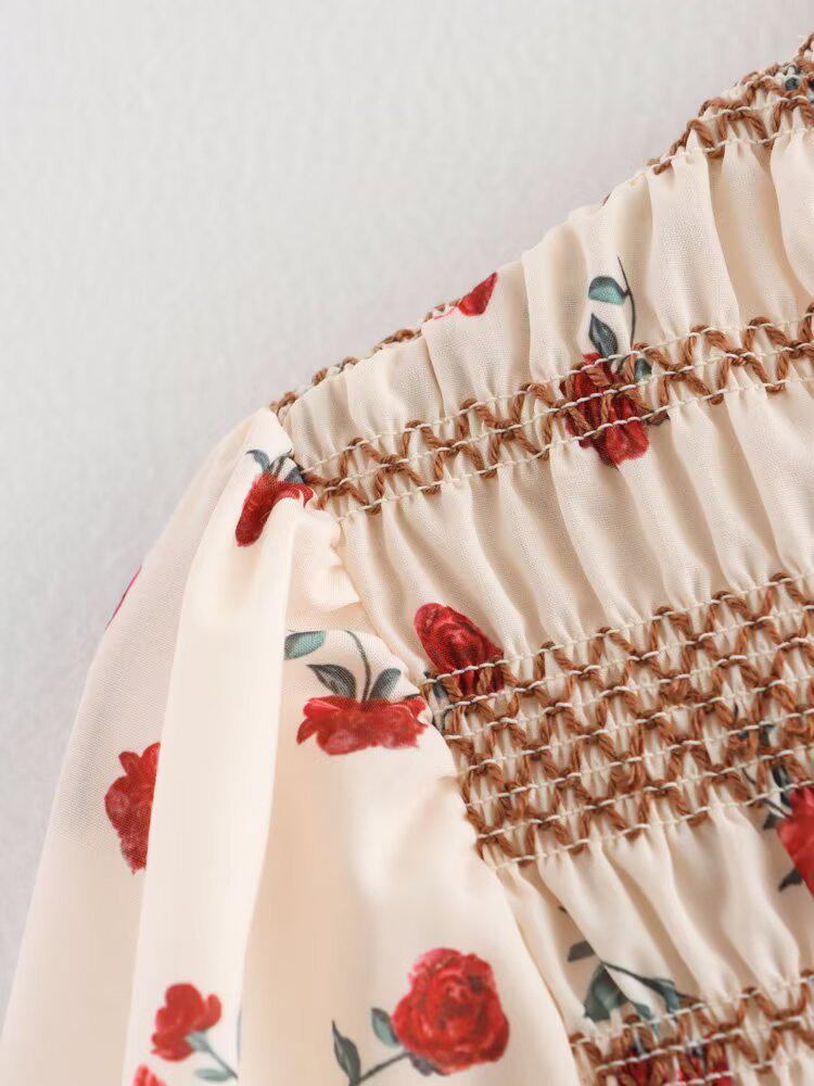 2025 Spring Women's European & American Floral Long Sleeve Round Neck Pleated Shirt