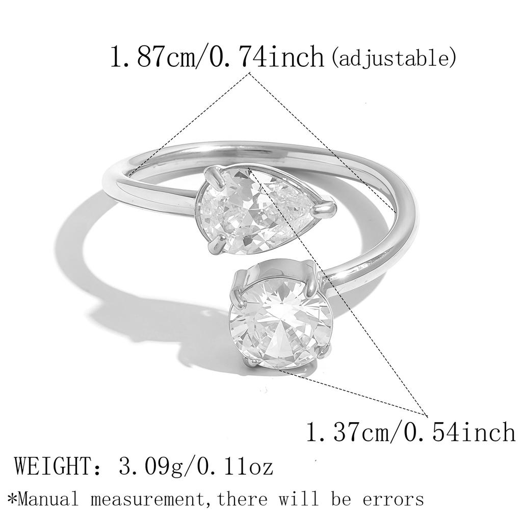 Stainless Steel Open Rings Waterproof PVD Gold Plated Teardrop Round Cubic Zirconia Finger Jewelry for Women