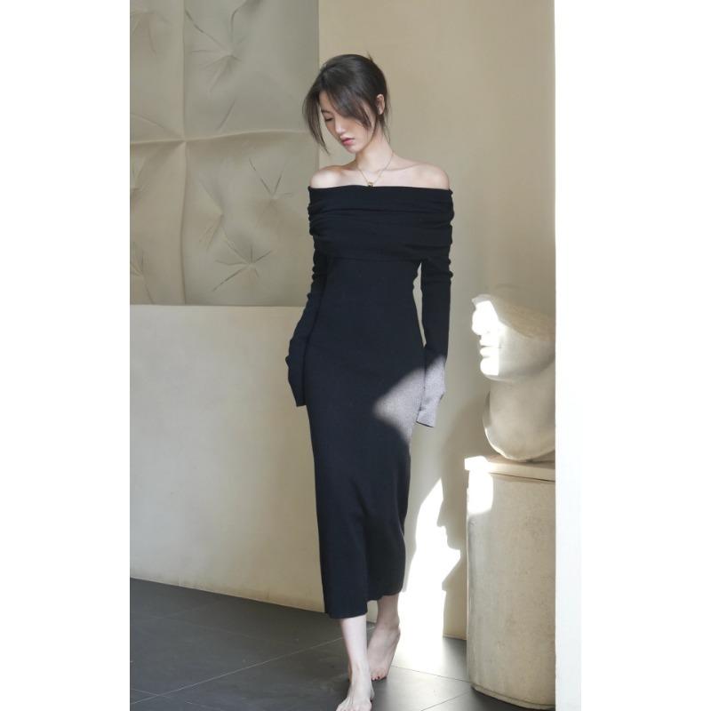 Black Skinny Sexy Shoulder Knitted Fashion Slim Fit Hip Wrap Premium Temperament Dress