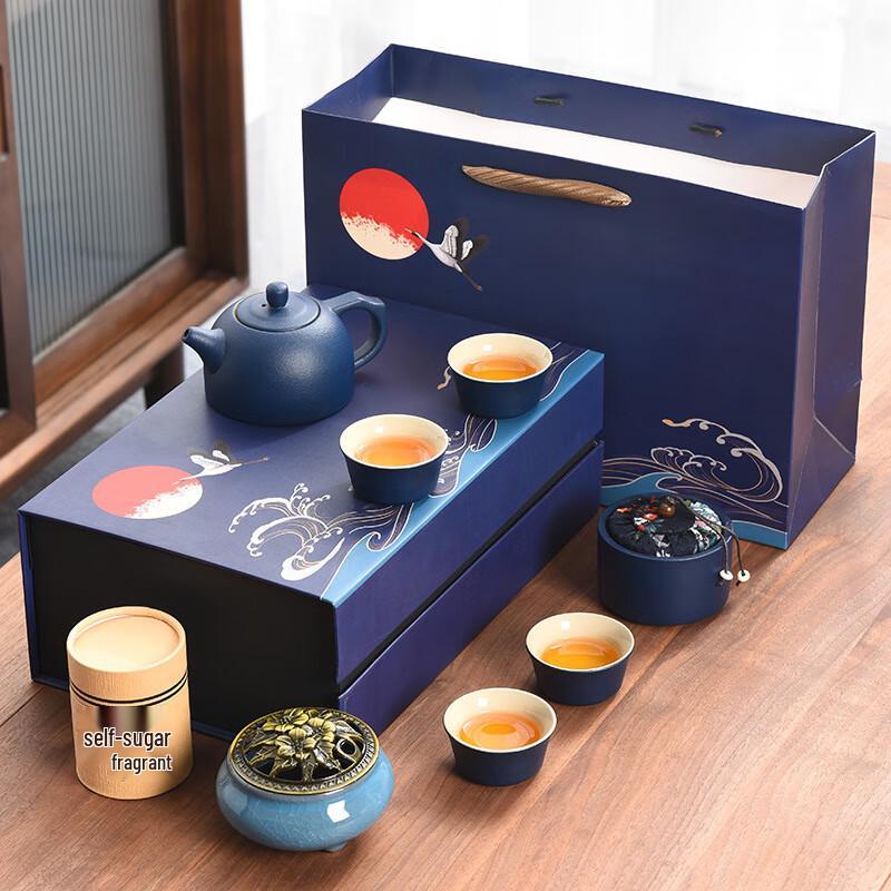 Ailan Huijia Traditional Ceramic Gongfu Tea Set Gift Box Coarse Pottery Blue Tea Set + Blue Gift Box