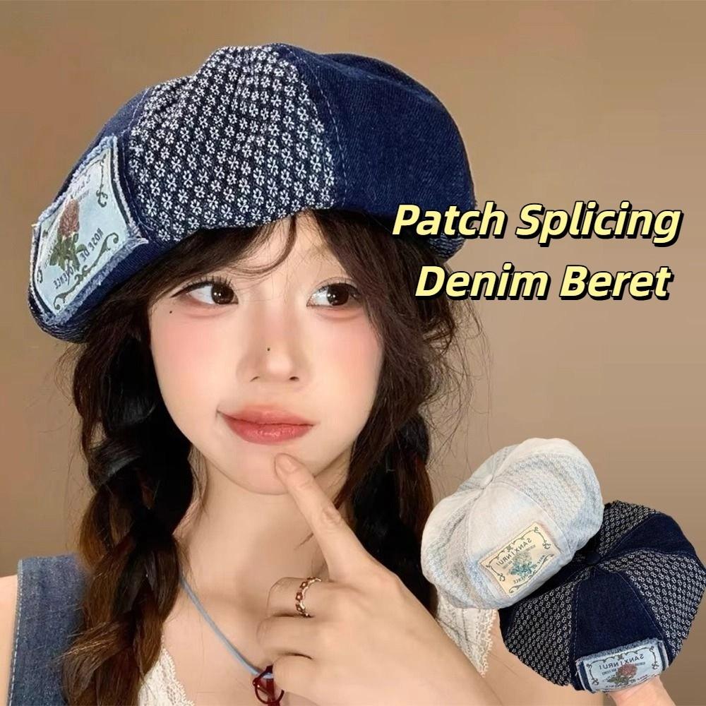 Y2k Denim Berets Korean Painter Cap Retro Patch Splicing Beret  Summer and Autumn