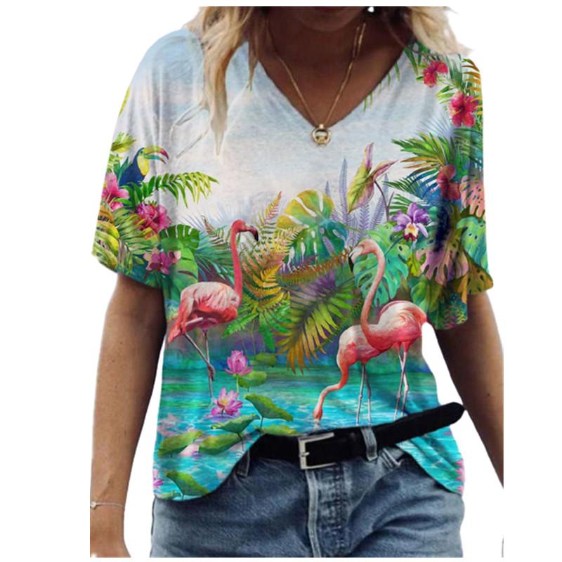 Fashion Spring  Multicolored Print Blouses Short Sleeved V-Neck T Shirts Casual