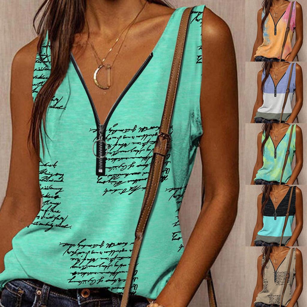 Women's  Fashion Summer New Print V-Neck Zipper Sleeveless Casual Tank Tops