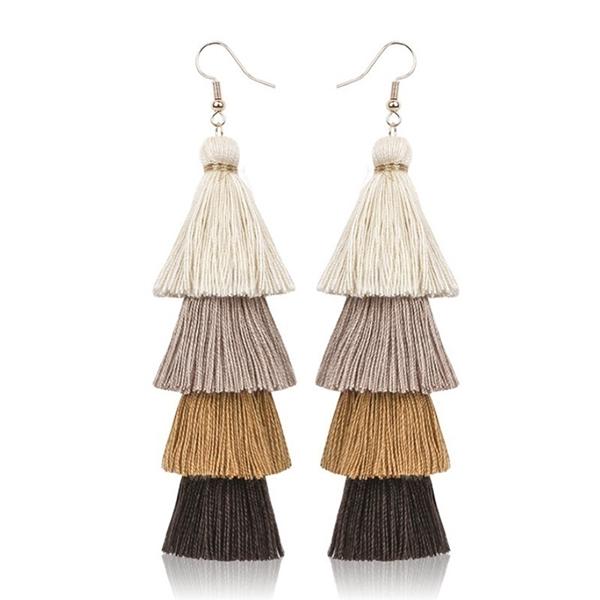 Bohemian Fringe Long Gradient Multilayer Drop Earrings Women Silk Fabric Ethnic Tassel Earring
