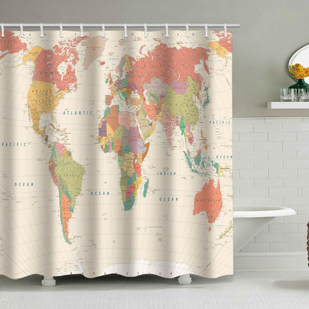 Tenda da Doccia Vintage Mappa del Mondo Storia Globale Carta Macchiata Oceani Terre Stile Vintage Tessuto Stoffa Arredo Bagno
