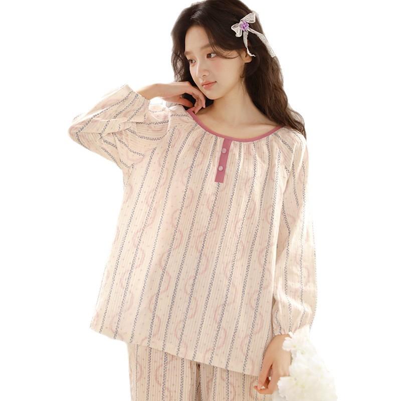 Spring and Autumn Pajamas Women's Pure Cotton Cotton Yarn Can Be Worn Outside, Simple Round Neck Pullover Long Sleeve Trousers Loungewear Set 11