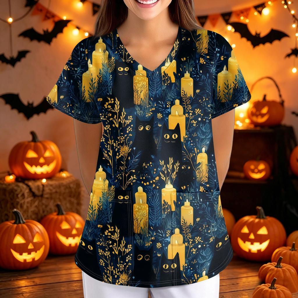 Halloween Print Loose Fit V Neck Short Sleeve Medical Scrub Top with Pockets for Women Nurses Caregivers Workwear