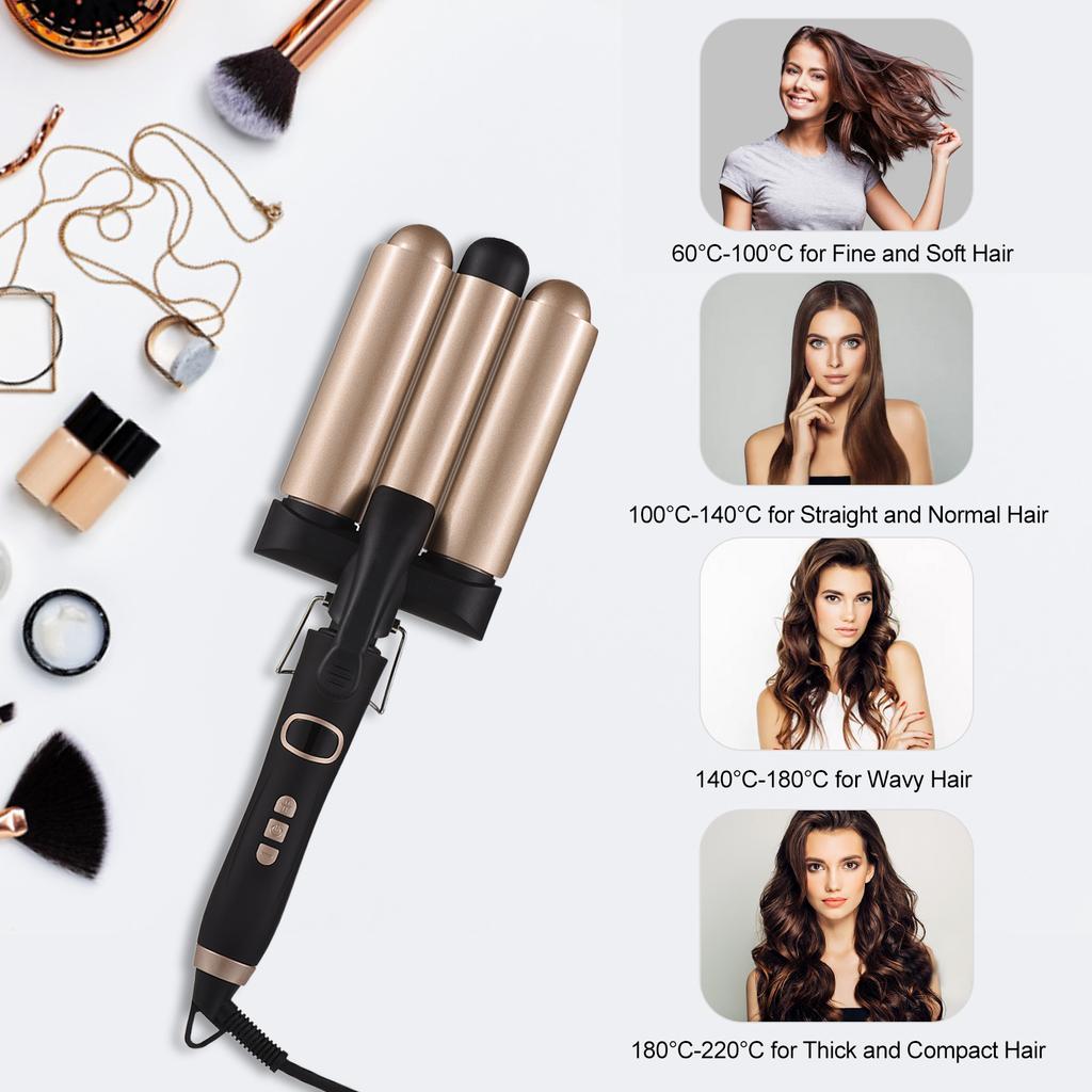 Pretfy Hair Curling Iron 3-Barrel 32mm Hair Waver Hair Curler Temperature LCD Temp Display Hair Styling Tool