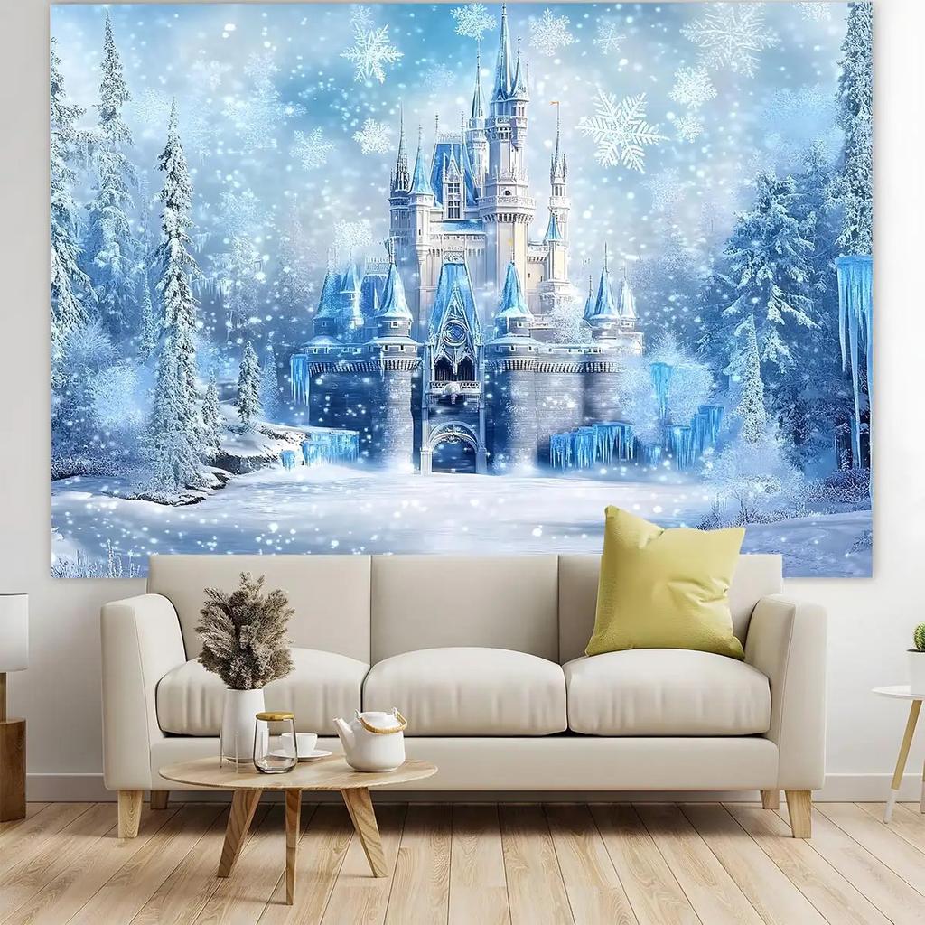The ice and snow princess castle background banner is suitable for weddings birthdays Christmas and New Year celebrations.