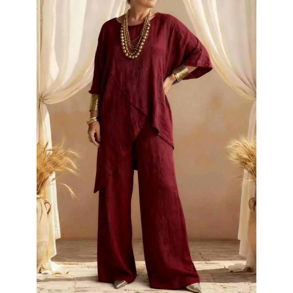 Women's Round Neck Irregular Hem 3/4 Sleeve Linen Look Top and Wide Leg Pants 2 Piece Casual Outfit